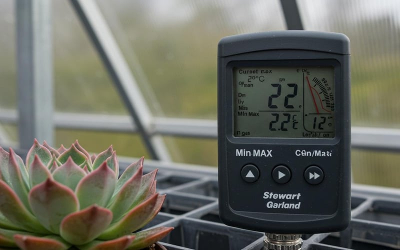 Digital greenhouse thermometer showing ideal temperature for UK succulents