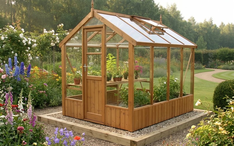 Swallow Kingfisher wooden greenhouse on a timber perimeter base in a cottage garden