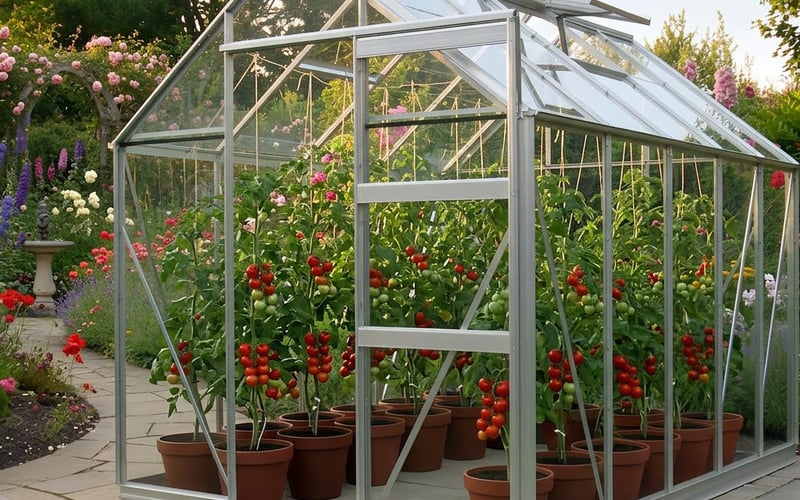 Cordon tomato plants in pots with string supports inside an Elite High Eave 6x10 greenhouse