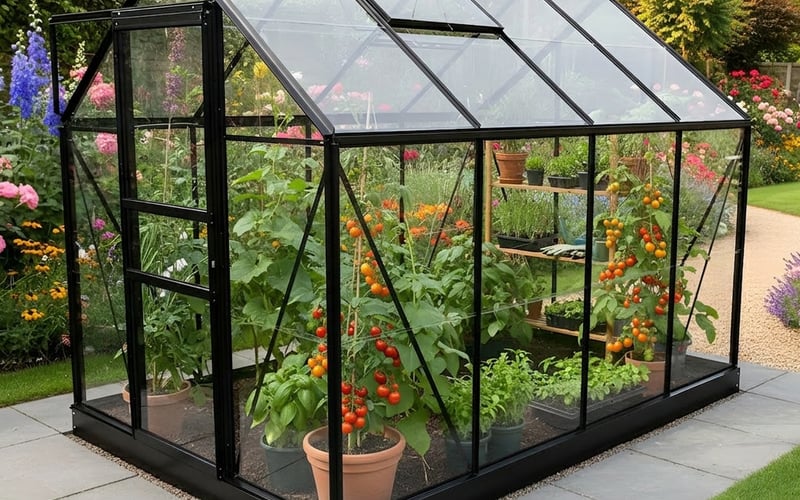 Tomato plants with ripe fruit growing inside a Vitavia Venus 5000 8x6 black greenhouse