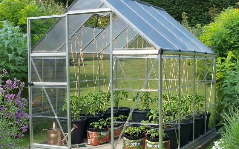 Palram Canopia Hybrid 6x8 greenhouse set up for tomato growing with pots, growbags, and string supports