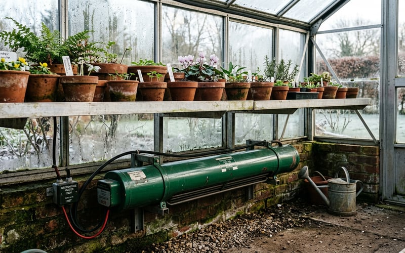 Tube heater fitted inside a greenhouse for frost protection