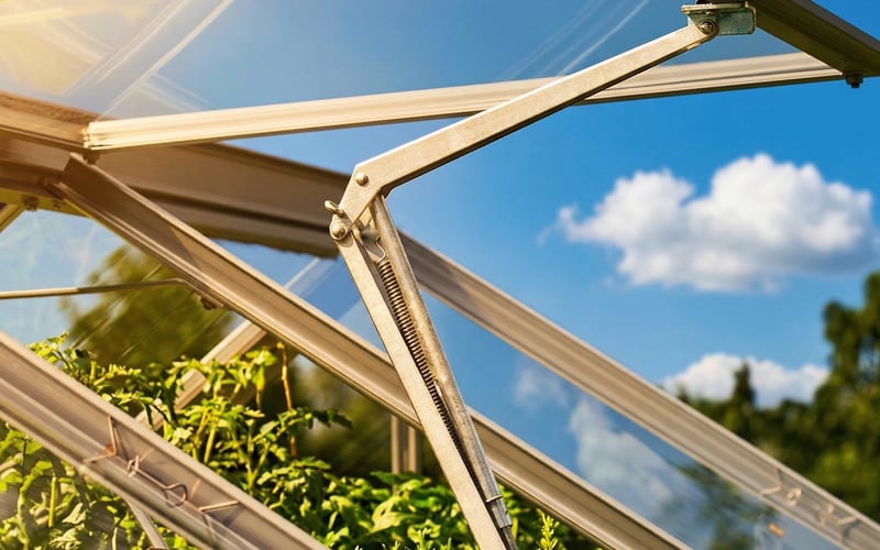 Vitavia automatic vent opener fitted to an aluminium greenhouse roof vent on a sunny day with tomato plants growing inside