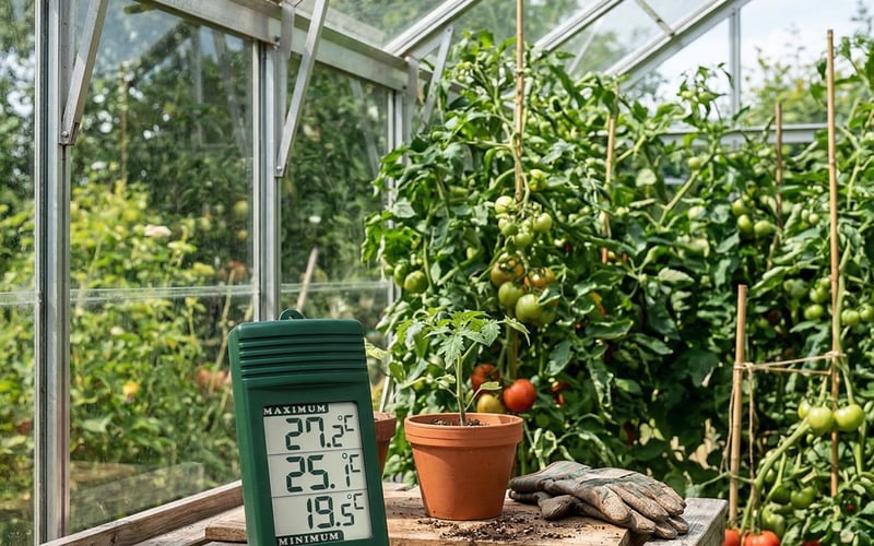Elite ETI digital thermometer on a greenhouse staging bench with tomato plants in the background