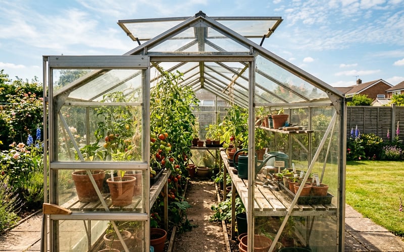 Aluminium greenhouse with roof vents fully open on a hot summer day, tomato plants visible inside
