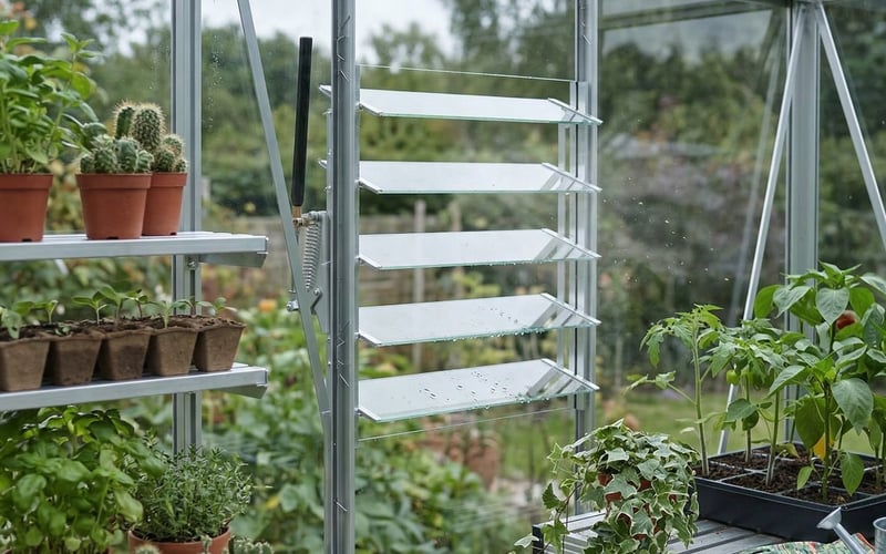 Vitavia five-blade louvre vent installed in the side wall of an aluminium greenhouse