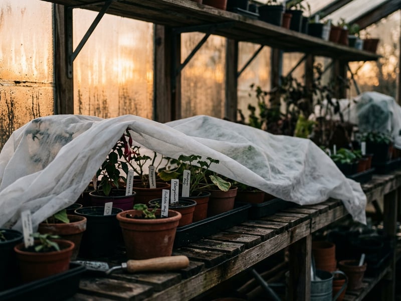 Horticultural fleece draped over plants on staging shelves inside a greenhouse on a winter evening