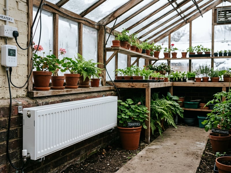 A tube heater installed along the base of a greenhouse wall with a thermostat controller visible