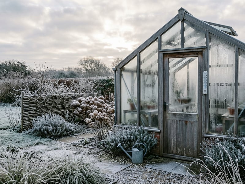 Greenhouse in a frosty UK garden on a winter morning with condensation on the glass and frost on surrounding plants