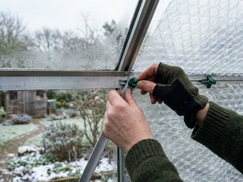 Bubble wrap insulation being fitted inside an aluminium greenhouse frame with insulation clips