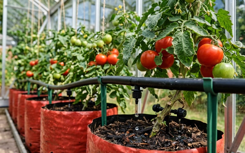 Palram Canopia drip irrigation kit installed in a greenhouse with tomato plants