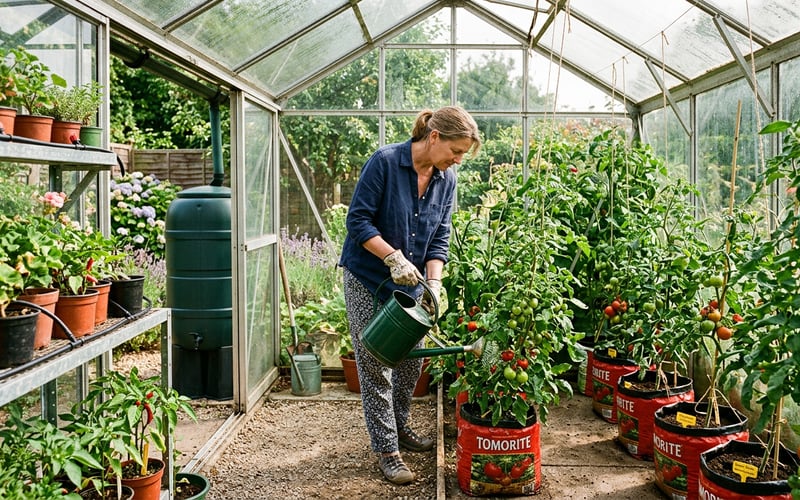 Greenhouse watering system guide showing drip irrigation and hand watering in a UK greenhouse