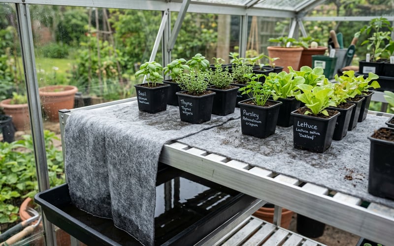 Capillary matting on greenhouse staging shelf with water reservoir for holiday watering