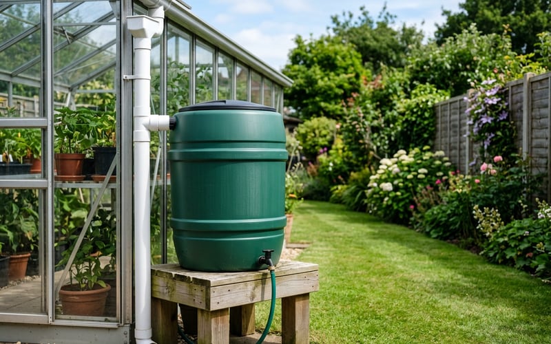 Vitavia water butt connecting kit fitted to a greenhouse gutter downpipe