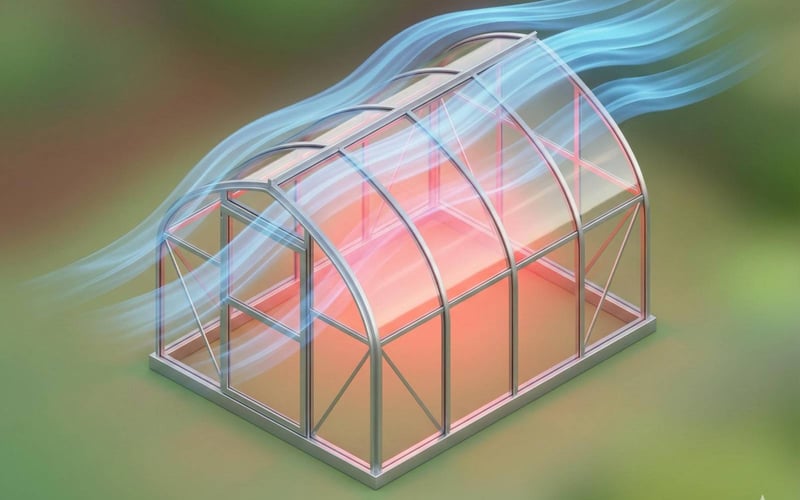 3D diagram showing wind flowing over a greenhouse roof creating uplift, while internal pressure pushes walls outward.