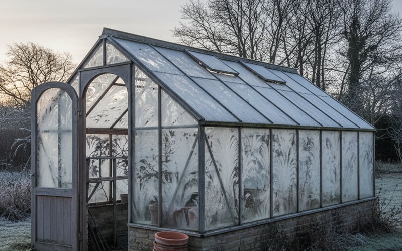 Frost-covered greenhouse in a British winter garden at dawn