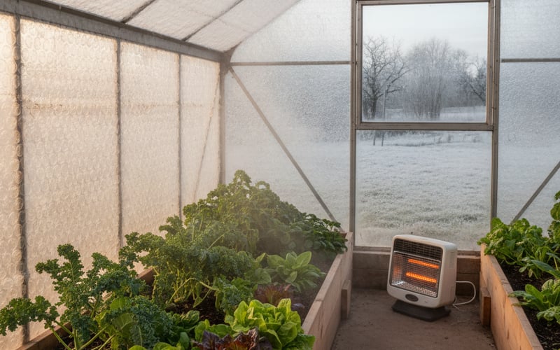 Inside a greenhouse with bubble wrap insulation and winter vegetables growing