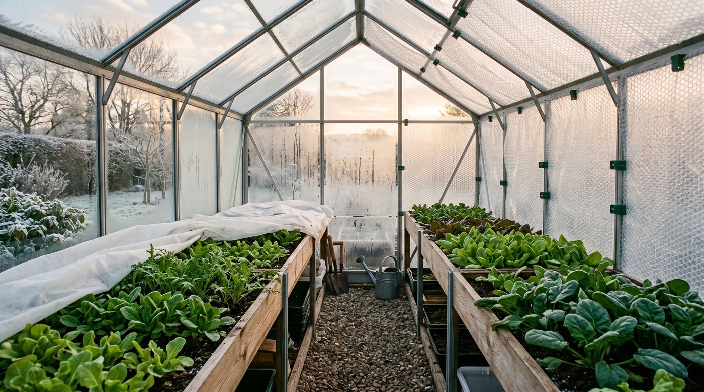 Winter salad crops protected with fleece inside a bubble-insulated greenhouse