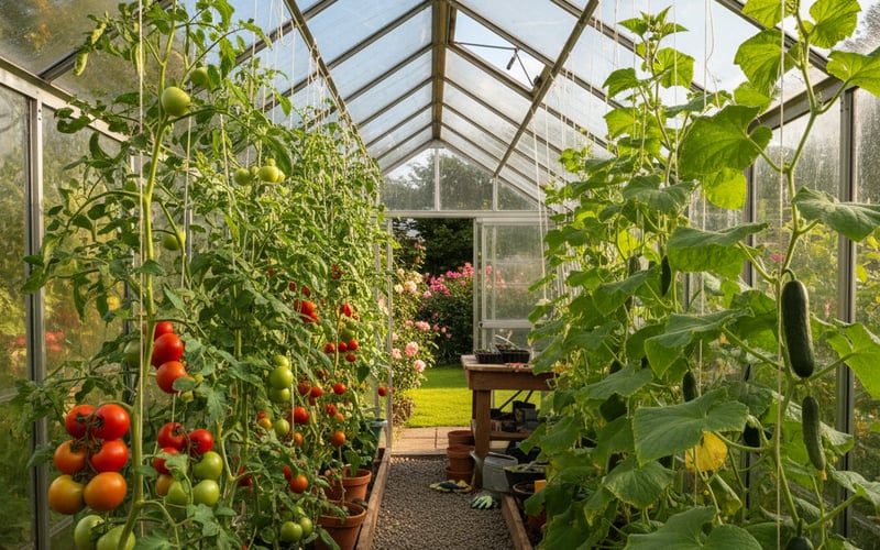 Productive greenhouse interior with tomatoes and cucumbers growing in summer