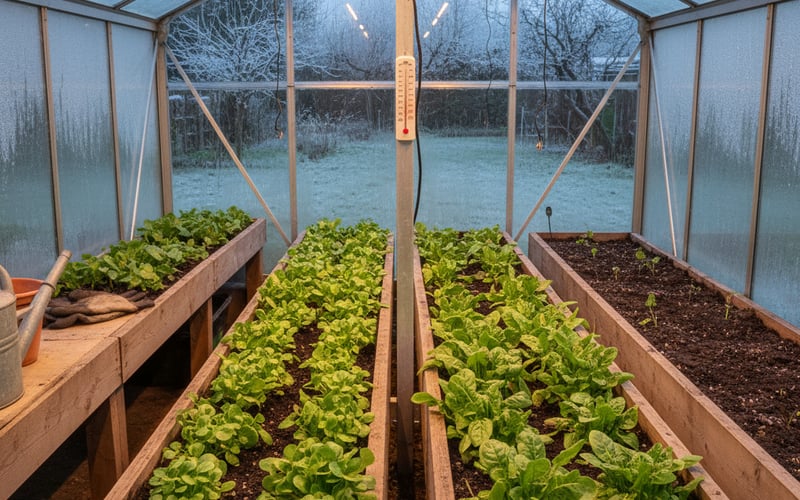 Winter salad leaves growing in an aluminium greenhouse during the cold months