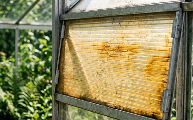 Close up of a generic greenhouse with yellowed amber polycarbonate twin wall glazing panels showing UV degradation after ten years of UK weather