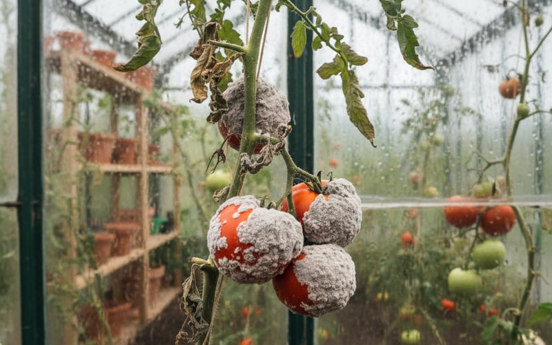 Grey mould botrytis infection on greenhouse tomato plants showing fuzzy grey fungal growth