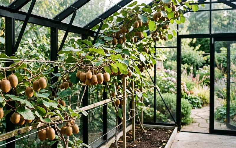 Kiwi fruit vines growing inside a modern UK greenhouse with ripe fruit hanging from trained wires