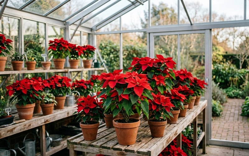Red poinsettia plants in terracotta pots displayed on wooden staging inside a modern UK greenhouse in December