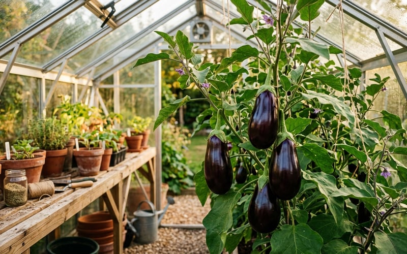 Ripe purple aubergines growing on bushy plants inside a UK greenhouse