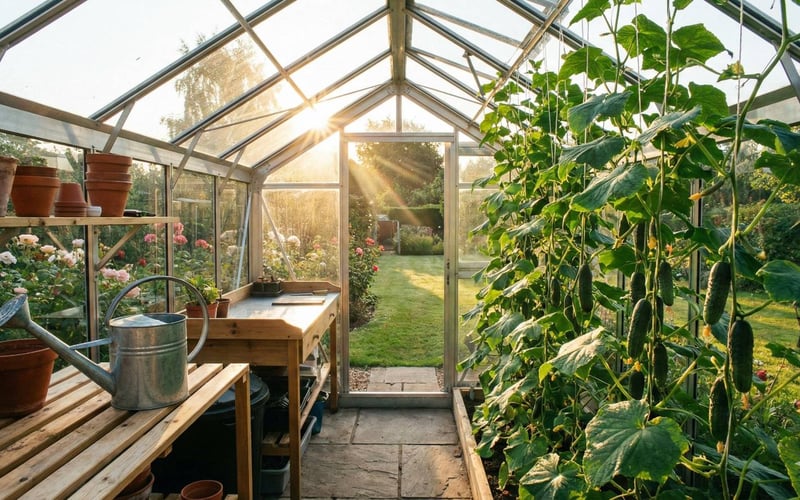Healthy green cucumber plants growing in a UK aluminium greenhouse with sunlight streaming in.