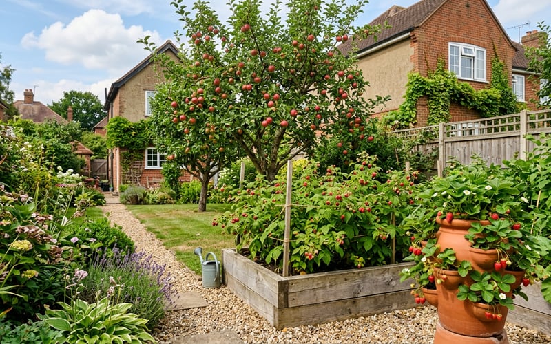 UK garden with fruit trees and berry canes for growing fruit at home