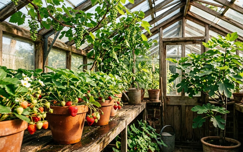 Greenhouse interior with strawberry plants on staging shelves and grape vines growing overhead