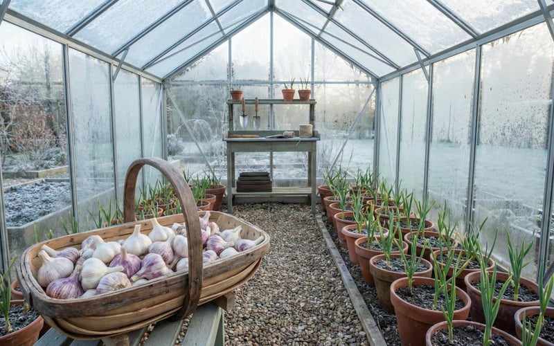 A gardener holding a basket of freshly harvested garlic inside a British aluminium greenhouse with frost on the glass.