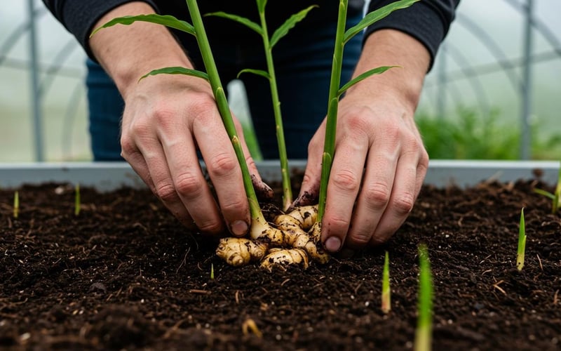 Fresh ginger rhizomes growing in a heated UK greenhouse