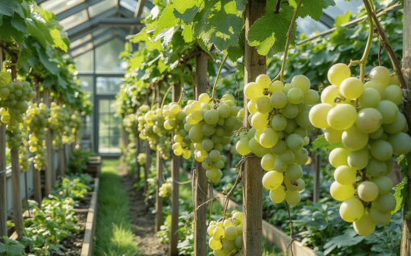 Grape vines growing inside a UK greenhouse with bunches forming