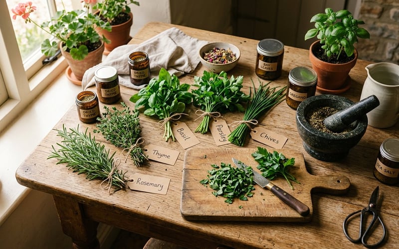 Freshly harvested greenhouse herbs including basil rosemary thyme and parsley on a kitchen table with drying bundles