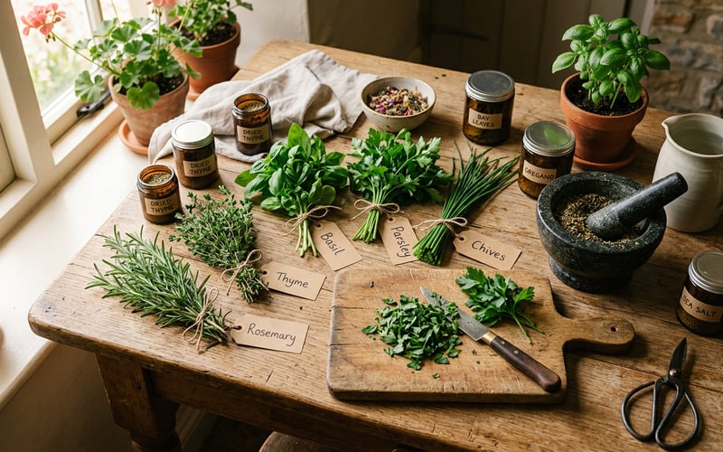 Freshly harvested greenhouse herbs including basil rosemary thyme and parsley on a kitchen table with drying bundles