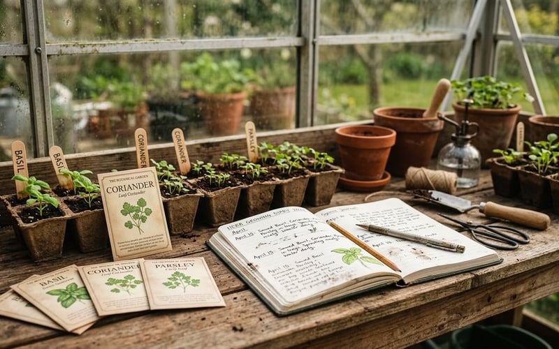 Growing herbs in a greenhouse sowing calendar with seed packets and seedling trays on a potting bench