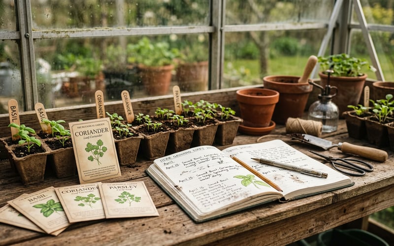 Growing herbs in a greenhouse sowing calendar with seed packets and seedling trays on a potting bench