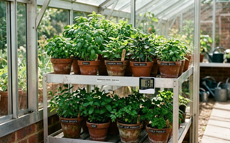 Growing herbs in a greenhouse staging layout with sun-loving herbs on top shelf and shade herbs below