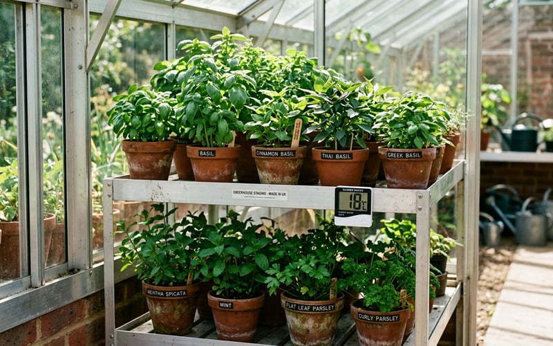 Growing herbs in a greenhouse staging layout with sun-loving herbs on top shelf and shade herbs below