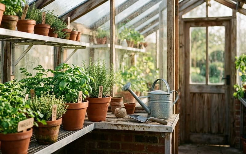 Growing herbs in a greenhouse UK with terracotta pots of basil rosemary and thyme on aluminium staging shelves