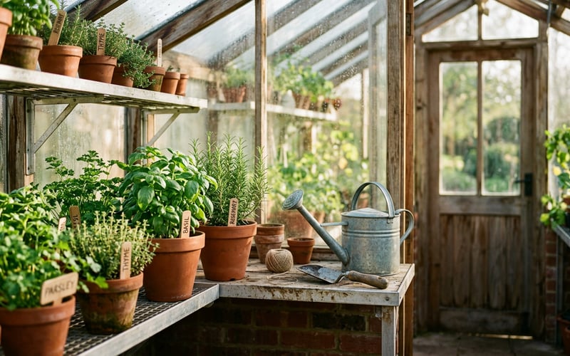 Growing herbs in a greenhouse UK with terracotta pots of basil rosemary and thyme on aluminium staging shelves