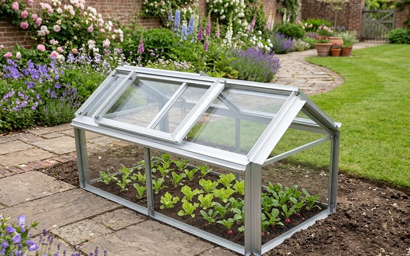 Elite Min E Lite 4x2 cold frame with lettuce seedlings hardening off in a UK garden