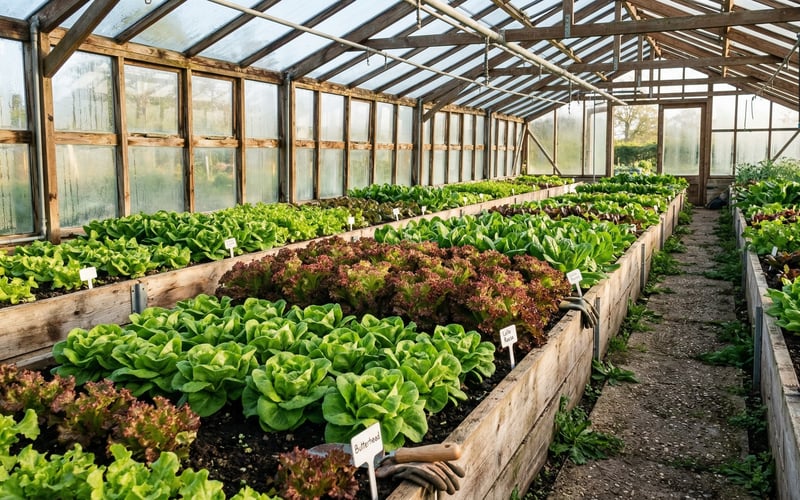 Rows of lettuce varieties growing inside a greenhouse with morning sunlight streaming through glass panels