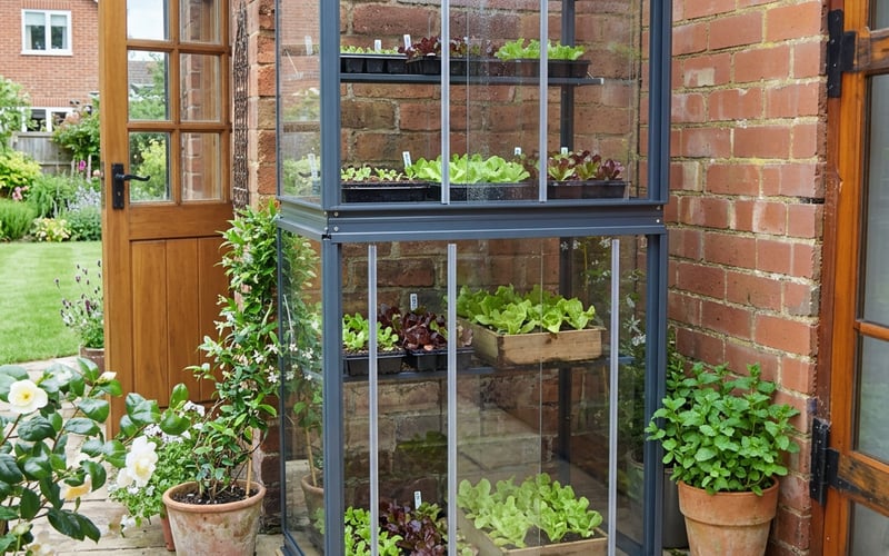 Access 2x3 City Growhouse mini greenhouse with lettuce seedlings growing inside on a garden patio