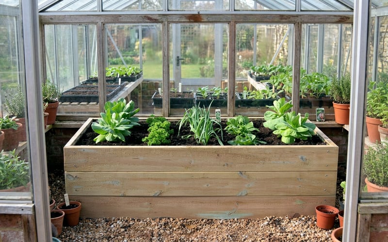Access 4x2 raised wooden bed with lettuce growing inside a greenhouse