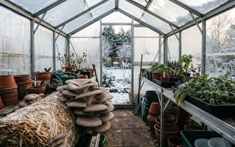 Fresh cluster of grey oyster mushrooms growing on a straw block inside a UK greenhouse with frosty glass background.