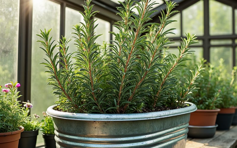 Rosemary herbs growing in a UK greenhouse