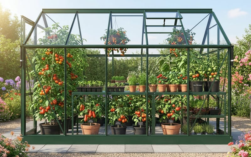 Green Vitavia Apollo 5000 greenhouse in a sunny UK garden filled with tall cordon tomato plants bearing ripe red fruit on the vine